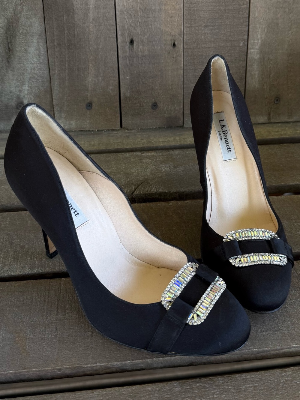 L.K. Bennett Black Satin Crystal Brooch Pumps Heels *EU 38* New Without Box/Tags